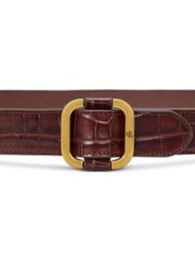 Ralph Lauren Dark Brown Croc-Embossed Leather Belt with Brass Buckle
